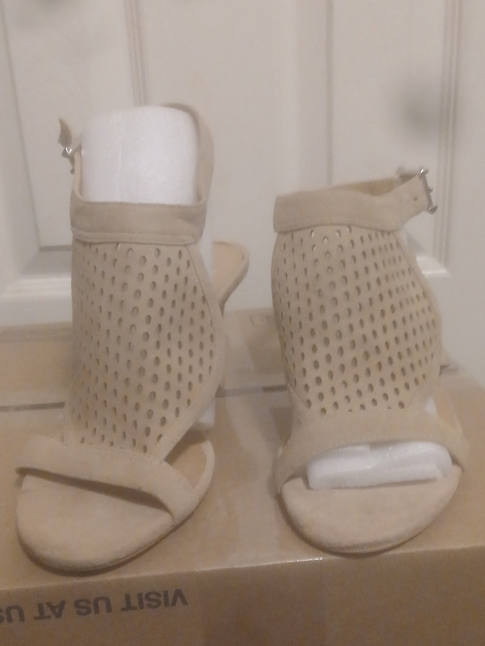 Franco Sarto Beige Perforated Suede Open-Toe Heels
